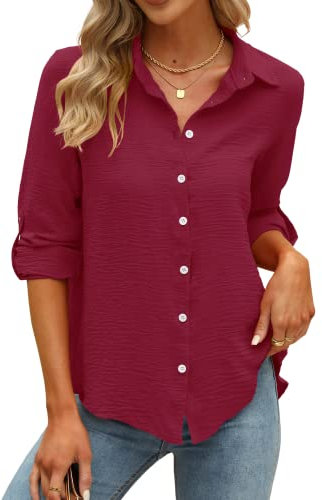 Odosalii Longshirt Damen Elegant Shirt 3/4 Arm Damen Blusen Lässige Loose Festlich V-Ausschnitt Karriere Chiffon Langarmshirt Leichte Herbst Oberteile Tshirts mit Plisseefalten(Weinrot,Medium)