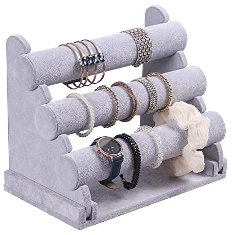 Justsoso Armbandhalter, Armbandständer zum Verkauf, Schmuck-Organizer, Uhrenregal für Shows (3 Ebenen, grauer Samt)