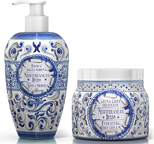 Le Maioliche Mediterranean Herbs, Duschgel, 700 ml + Körpercreme 450 ml, hergestellt in Italien, Noten von Bergamotte, Ingwer, Eukalyptus, Orange + gratis Duftseife Florinda