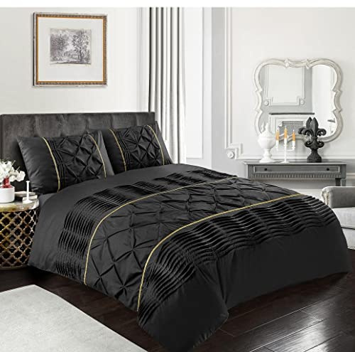 Homespace Direct Eleanor Lux Pin Tuck Duvet Cover Set Black Double Gold Laced