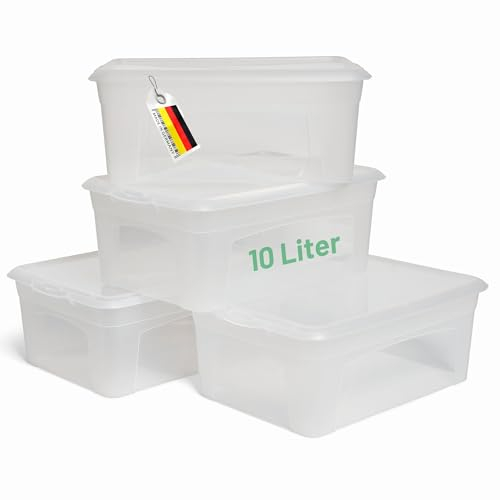 Novaliv 4x Aufbewahrungsboxen mit Deckel 10L transparente Boxen stapelbare Nestbar Storage boxes mit Clipverschluss Kunststoff BPA-frei 37x26x14 cm