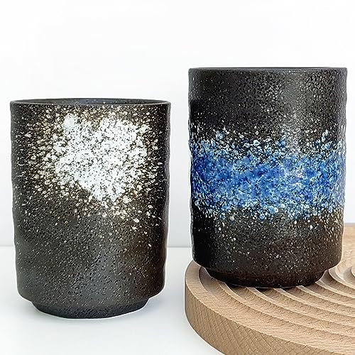 NIUKOMY Vintage Tasse à Thé Japonaise en Céramique, Ensemble de 2 Tasses à Thé Sans Anse en Porcelaine Chinoise, Noir 275ML