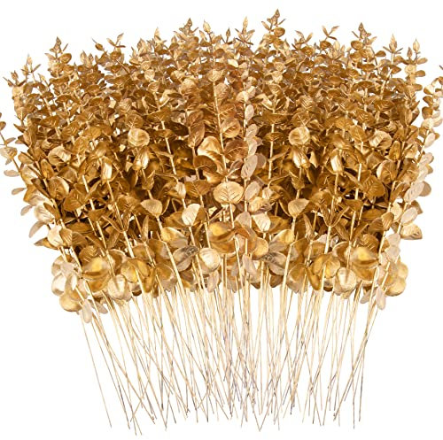 FEQO Künstliche Eukalyptusstiele, 38,1 cm, goldene Eukalyptusblätter, Stiele aus künstlichem Eukalyptus, für Vasen, Hochzeitsstrauß, Zuhause (FF-23-072)