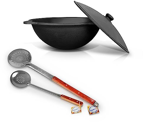 Uzbekisch Kazan Gusseisen 22 L mit Aluminiumdeckel Kochtopf 2 x Schaumlöffel WOK Asia Plov казан Feuerofen Namangan учак