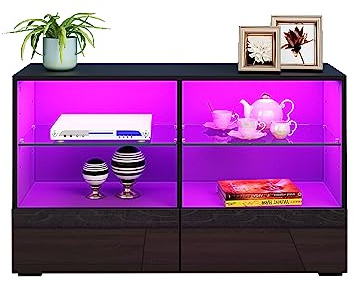 BESTWANTED TV Stand Modern High Gloss LED Light TV Unit,100cm TV Cabinet With Storage 4 Open Shelves and 2 Drawers for Living Room Home Forniture (Black)