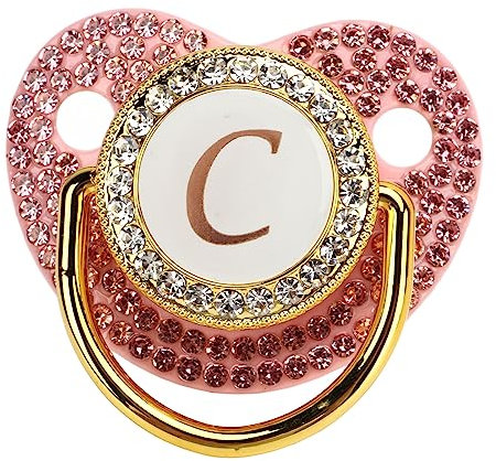 Ciuccio dorato del bambino, ciuccio del bambino di Bling della lettera degli strass ciuccio personalizzato di Bling ciuccio curvo del silicone con la clip della catena (Lettera C)