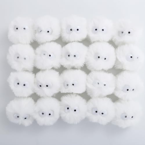 MIUPOO Bunte Pompons Fellbommel Pompom,Cartoon Augen Elfen Staub Bommel Pom Pom Bälle Flauschigen Plüsch Bälle für DIY Handwerk Damen Mädchen Tasche Schuh Mützen Anhängern Dekoration,20 Stück 5cm Weiß