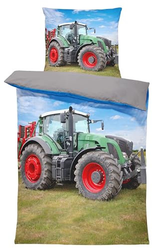 one-home Bettwäsche 135x200 cm Mikrofaser Bettbezug Kinderbettwäsche Fotodruck modern weich und kuschelig für Sommer und Winter geeignet, Farbe:Traktor Trecker grau, Größe:4 teilig 135x200 cm