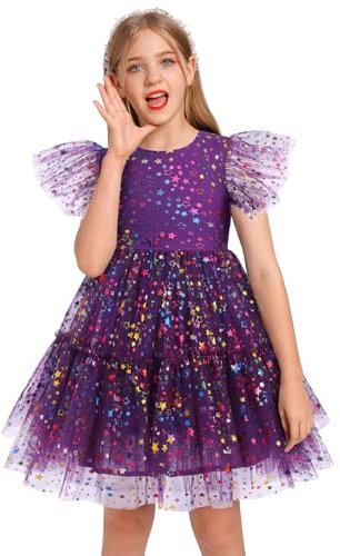 Odizli Vestito estivo da bambina con glitter arcobaleno a stella, linea ad A, abito in tulle, per cerimonie nuziali, abito corto, viola., 7-8 Anni