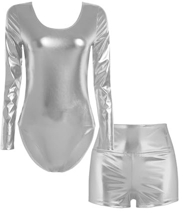 TiaoBug Damen Glänzend Ballettanzug Langarm Ballett Trikot Tanz Body Metallic Turnanzug Gymnastikanzug Dancewear Silber mit Shorts XXL