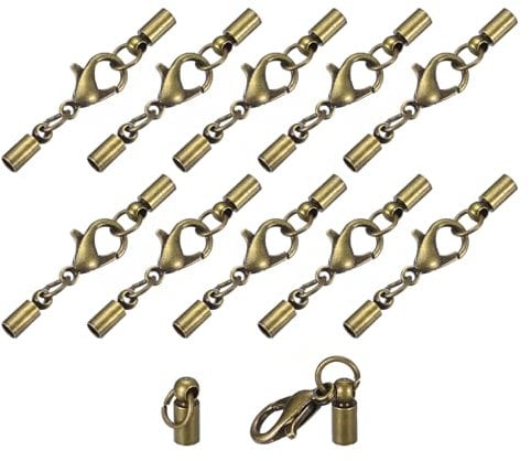 sourcing map 10Sets 3mm Leather Cord End Caps with Lobster Claw Clasps, Barrel Terminators for DIY Making Leather Bracelets, Bronze Tone