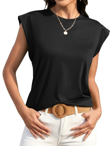 Sommer Top Damen Ärmellose Tshirt Locker Rundhals Flügelärmel Oberteile Elegant Gestreift Tunika Bluse Tops für Frauen, Schwarz, L