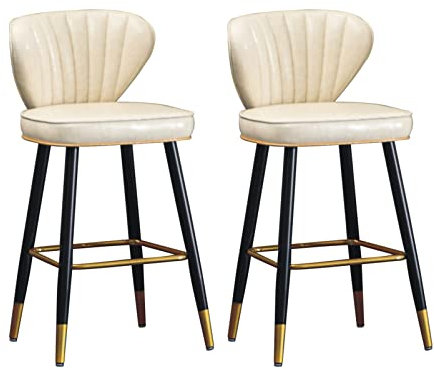Lot de 2 tabourets de comptoir avec dossier et repose-pieds – Assise en cuir PU, pieds en métal noir, tabourets de cuisine, chaise de bar pour salon, pub et bistro, hauteur d'assise 65 cm, beige