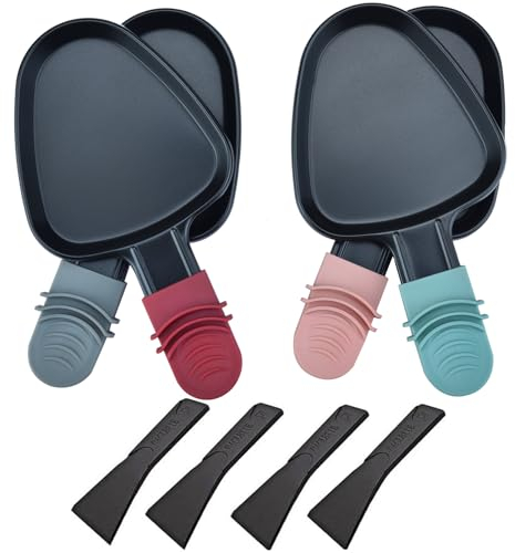 RoDzj Poelon Raclette Triangulaire, 4 Pièces Revêtement Antiadhésif Mini Raclette Set avec 4 Spatules Raclette Coupelle Raclette pour Fromage Fondu Oeuf Frit