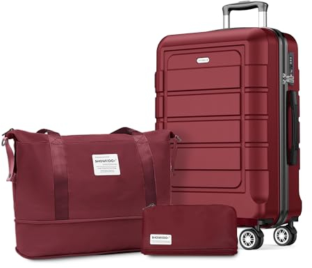 SHOWKOO Koffer Mittelgroß Hartschale Leicht ABS+PC Erweiterbar Reisekoffer Kabinen Haltbar Handgepäck Sets 4 Rollen TSA-Schloss mit 1 Reisetasche und 1 Kulturtasche, L -Rot