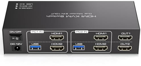 TJCXELE HDMI 4K60Hz KVM Switch 2 PC 2 Monitores Para 2-Ordenadores que comparten 4 Periféricos USB 3.0 y Soporta el Modo Copy&Extend con USB Cable