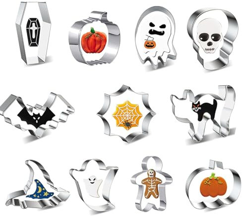 Juego de 11 Cortadores de Galletas de Halloween de Acero Inoxidable - Calabaza, Fantasma, Gato, Murciélago, Sombrero de Bruja