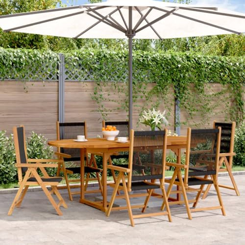 LAPOOH 7-TLG. Garten-Essgruppe Polypropylen und Massivholz Schwarz, Esstisch Mit Stühlen Set, Gartenmöbel Sitzgruppe, Balkon Möbel, Gartenlounge Set, Terrassenmöbel, Balkonmöbel Set - 3281721