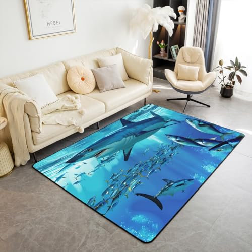 Homewish Hai Bereich Teppich 3D Hai Teppich für Kinder Mädchen Erwachsene Jagd Hai Indoor Bodenmatte Ozean Tiere Dekorative Teppich Die Ganze Saison für Esszimmer Unter Tisch 100Bx150L