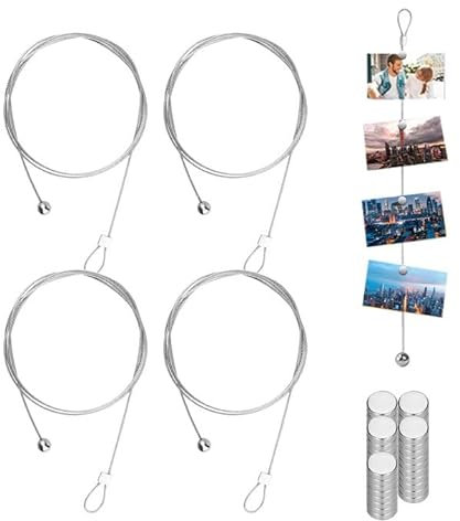 Tulov Pack of 4 Photo Wire Ropes, 2 m x 1.5 mm Hanging Photo Rope, Magnetic Rope with 48 Button Magnets, Picture Rope for Hanging Photos and Postcards