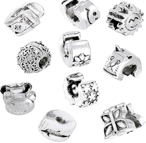 2-6 Pc Silver Clip Stopper Charms for Pandora Charm Bracelets - Crystal Butterfly Heart Spacer Beads Clip & Lock - Fits European Charm Bracelets - Jewellery Gifts Women Girls (5 Pc Oxidised Tibetan)