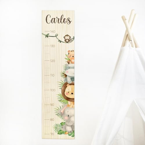 DEHOME - Medidor de Altura Infantil de Madera Personalizado con Nombre – Decoración habitación Infantil con Impresión Directa en Pino Natural – Regalo Original para Niños (Safari)
