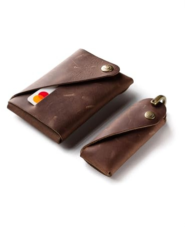 Crazy Horse Craft, Ensemble portefeuille et porte-clés minimaliste, marron classique, porte-cartes, petit trousseau de clés, étui à cartes, kit porte-clés, Bois marron, Large - for keys up to 9 cm
