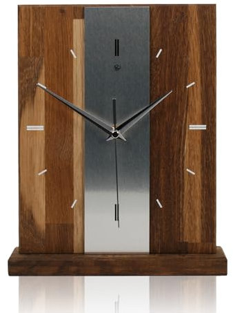 Kreative Feder Designer-STANDUHR Silver Stripe aus MASSIVHOLZ ca. 27x20cm – analoge TISCHUHR ohne Tickgeräusche (Eiche geräuchert, Funkuhrwerk)