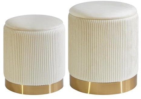 IBUYKE Set of 2 Round Ottoman with Storage & Metal ring decoration, Velvet Vanity Stool for Makeup, Modern Padded Seat Coffee Table, Multipurpose Footrest Stool for Living Room, White WBD016W