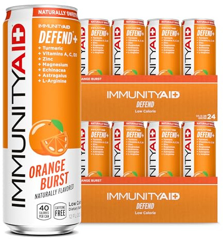LifeAid IMMUNITYAID Orange Burst – Health & Immune Support Multivitamin Drink with Vitamin C, D3, Zinc, Magnesium, Turmeric & Echinacea – Caffeine-Free & Low Sugar – Agave Nectar & Stevia, 24×355 ml