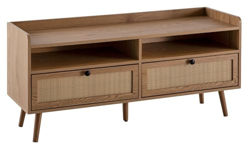 FineBuy Lowboard 120x56x39 cm TV-Kommode mit Eiche-Dekor & Rattan, Design TV-Schrank Hoch mit Schubladen, Fernsehtisch Fernsehschrank Stauraum, Fernsehkommode Wohnzimmer