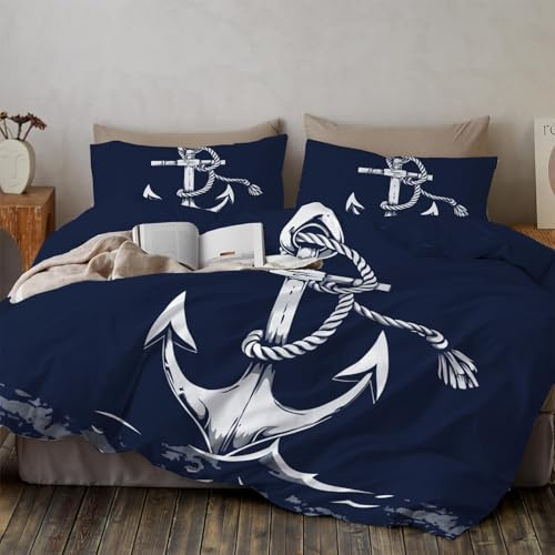 WunM Studio Copripiumino Matrimoniale Tema Nautico - Set Parure Copripiumino Matrimoniale In 100% Microfibra 3 Pezzi Con 2 Federa(50X75Cm) Cme Chiusura A Cerniera - Ancora Blu Scuro