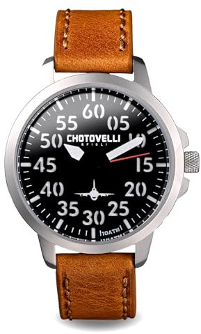 chotovelli 33.01 Airliner Fliegeruhr, schwarzes Zifferblatt, verschraubte Krone, hellbraunes Lederband, 100 m wasserdicht, Militäruhr, Grün , Retro
