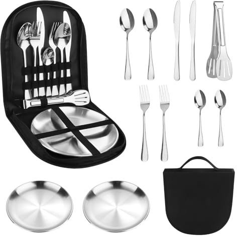 Camping Geschirr Set 2 Personen, 12-teilig Picknick Set Edelstahl, Camping Besteckset mit Löffel Gabel Messer Teller Klammer, Outdoor Geschirr Set für Camping, Picknick, Grillen und Wandern