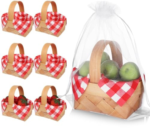 6 Set 11x9x5.5CM Mini Woven Baskets with Handles 6 Sheets Paper Napkins and Organza Bags Woodchip Flower Fruit Picnic Basket for Wedding Birthday Party Favors Home Decor