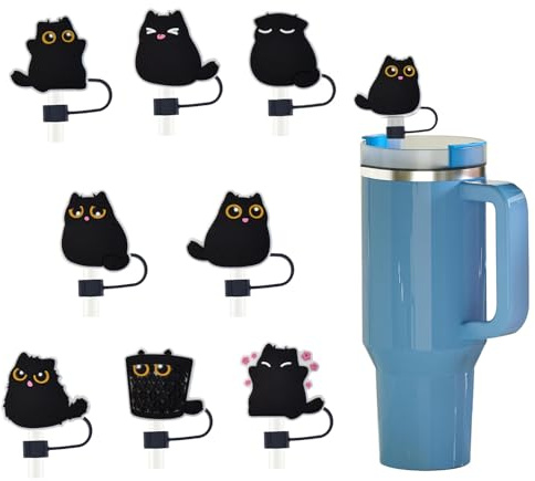 Süße Katze Strohhalm Abdeckung, 8 Stück Silikon Strohhalm Verschluss für Stanley Cup Zubehör, 10 mm, Staubdicht und Auslaufsicher, Wiederverwendbar, Perfekt für Aktivitäten im Freien