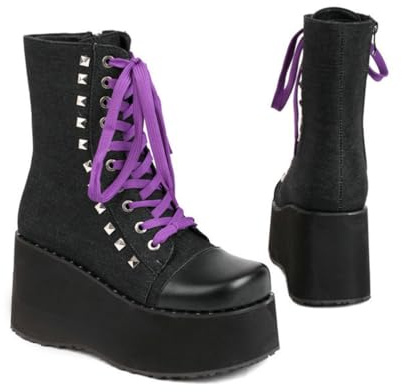 KUHAOFEU Schwarze Damen Plateau Stiefeletten Denim Stitching Wedge High Heel Stiefel Nieten Lace Up Goth Punk Booties, Schwarz , 45 EU