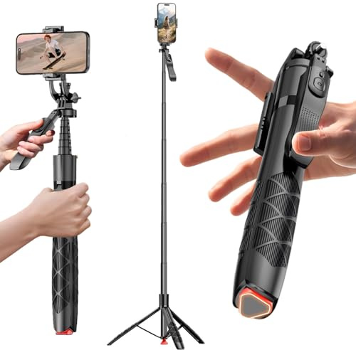 66.9'' Phone Tripod, Unique Auto-Pop Open Selfie Stick,Extendable Aluminum Smartphone Tripod with Remote & Steady Handle, 360 Rotating Portable Phone Stand Filming for iPhone Travel Vlog