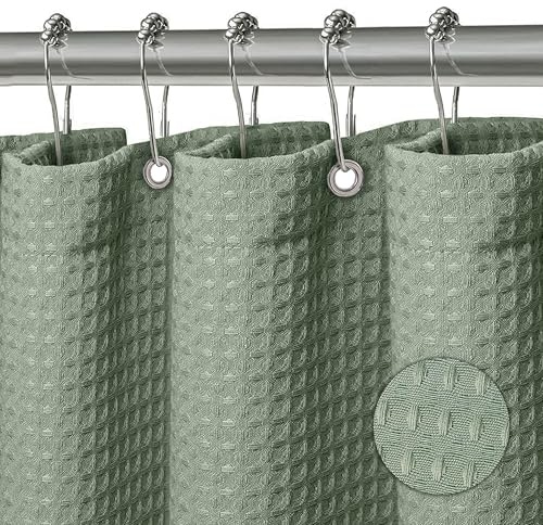 KAIMEIYU Duschvorhang Waschbar Textil Polyester Stoff Bad Vorhang mit 12 Metall Duschvorhangringen Wasserdicht für Dusche und Badewanne 180 x 200 cm Waffel Grün