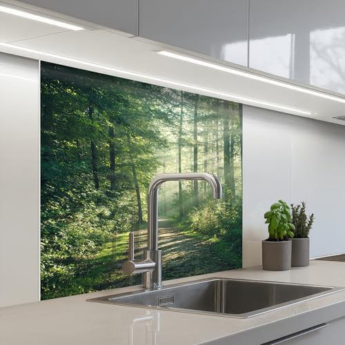 KitchenYeah© Spritzschutz Küche Küchen Rückwand Küchendeko Wand Wandschutz | 80x80 cm - Selbstklebend Backsplash Kitchen Peel And Stick Wald - Weg - Sonne - Bäume - Grün - Natur