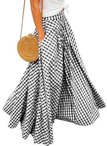 Ranphee Jupe Longue Femme Carreaux Haute Taille Maxi de Plage A-Line Skirt avec Poches Latérales