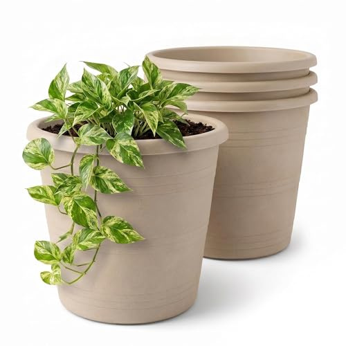 Lizzy 4 Pack Plastic Plant Pots 24cm | Round Flower Pots with Traditional Design Indoor Outdoor Plant Pots Heavy Duty Garden Planters for Plants Flowers Herbs Stylish Sand Pots