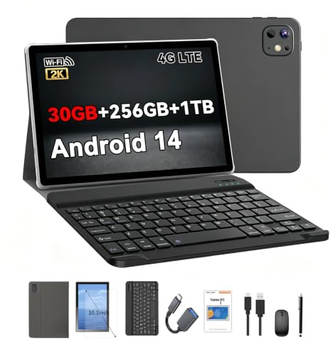 Crelander Tablet Android 14 da 10,1 pollici con slot per scheda SIM 4G LTE chiamate, 20 GB + 256 GB, touch screen IPS 1920 x 1200, doppia fotocamera, Bluetooth/WiFi, pacchetto con custodia, tastiera