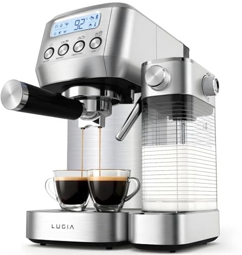 Lugia Espressomaschine Siebträgermaschine 20 Bar mit Automatischem Milchaufschäumer LED Display für Espresso Cappuccino Latte Macchiato Edelstahl Kaffeemaschine für Zuhause