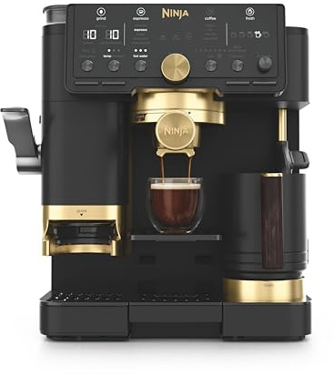Ninja Luxe Café Pro, machine à café 3-en-1 conçue par David Beckham : expresso, café filtre et infusion à froid, broyeur/buse à lait intégrés, 5 préréglages automatiques de mousse, noir/or ES771EUBK