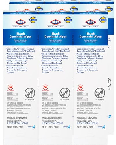 Clorox Healthcare Bleach Germicidal Individual Wipes, 50 Count, Pack of 6 (Package May Vary)