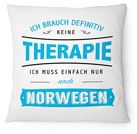 Fashionalarm Kissen Ich brauch keine Therapie - Norwegen - 40x40 cm mit Füllung | Geschenk Idee Spruch Urlaub Reise Oslo Zelten Camping, Farbe:weiß