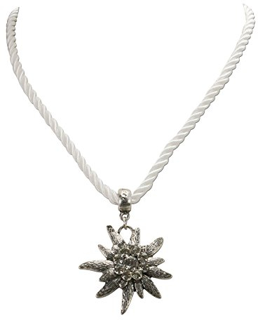 Trachtenkette Kordel mit Strass-Edelweiß - Damen Kordelkette mit Kristallstein, Dirndlkette mit Kordelband für Trachtenbluse und Lederhose, Dirndl-Schmuck fürs Oktoberfest (weiß)