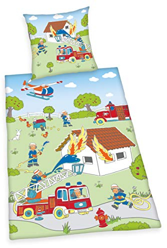 Herding Young Collection Bettwäsche-Set, Feuerwehr-Wendemotiv, Bettbezug 135 x 200cm, Kopfkissenbezug 80 x 80cm, Baumwolle/Renforcé