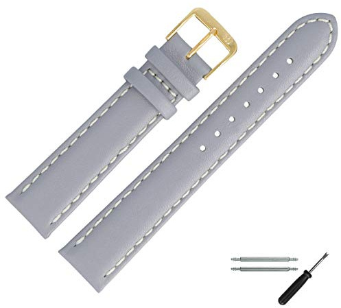 MARBURGER Uhrenarmband 20mm Leder Grau Gold Glatt Mit Naht - Montage Set 8062015000220